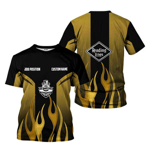 Railspirit Custom Name and Job Title Reading Railroad T-Shirt Flame Graphic Train Shirt