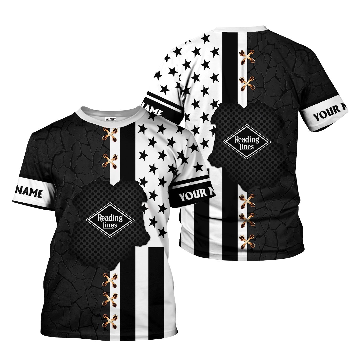 Railspirit Personalized Reading Railroad T-Shirt American Flag with Crack Effect Train Shirt