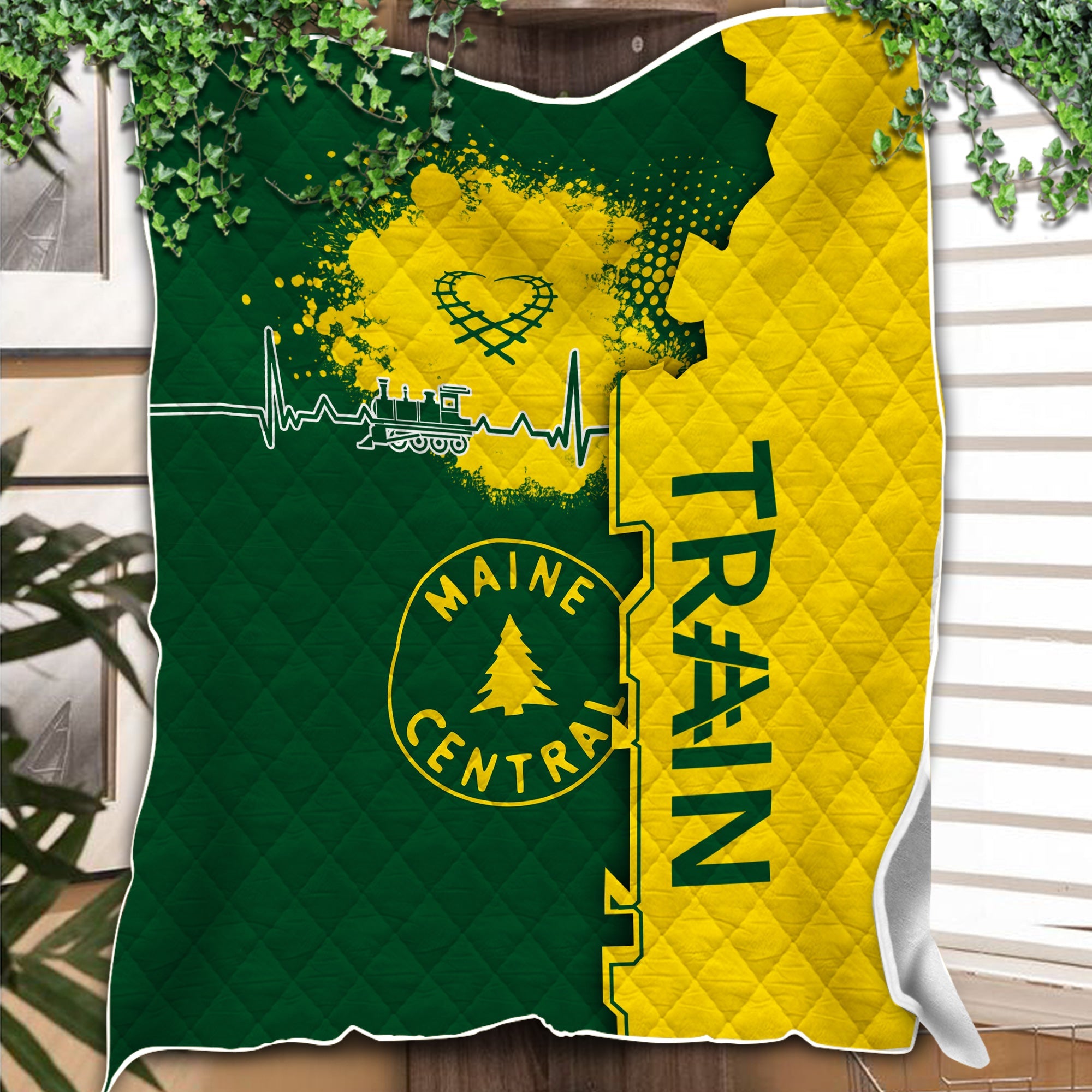 Railspirit Maine Central Railroad Premium Quilts Engine Heartbeat and Track Love Style Quilts Gift Idea For Train Lovers