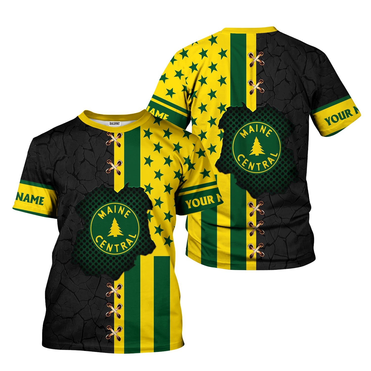 Railspirit Personalized Maine Central Railroad T-Shirt American Flag with Crack Effect Train Shirt