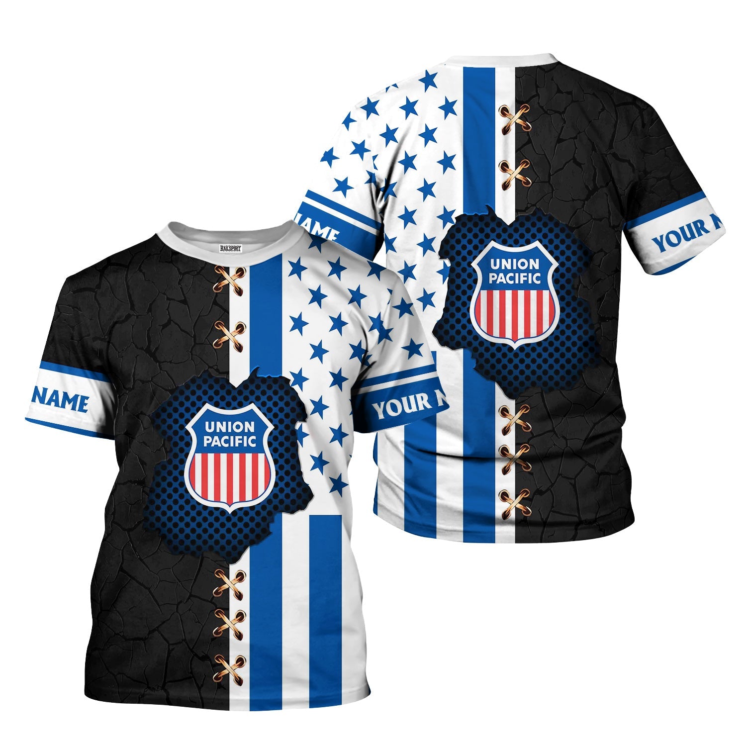 Railspirit Personalized Union Pacific Railroad T-Shirt American Flag with Crack Effect Big Boy Train Shirt