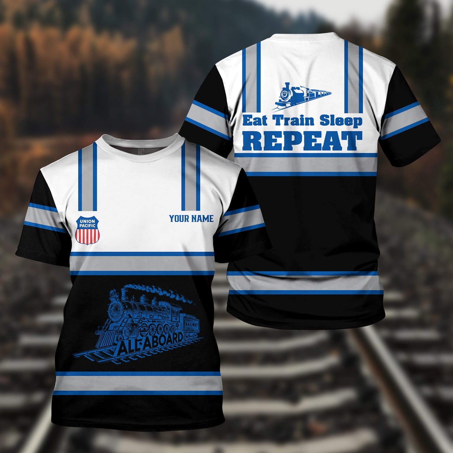 Railspirit Custom Name Union Pacific Railroad T Shirt Eat Train Sleep Repeat Big Boy Printed Train Shirt