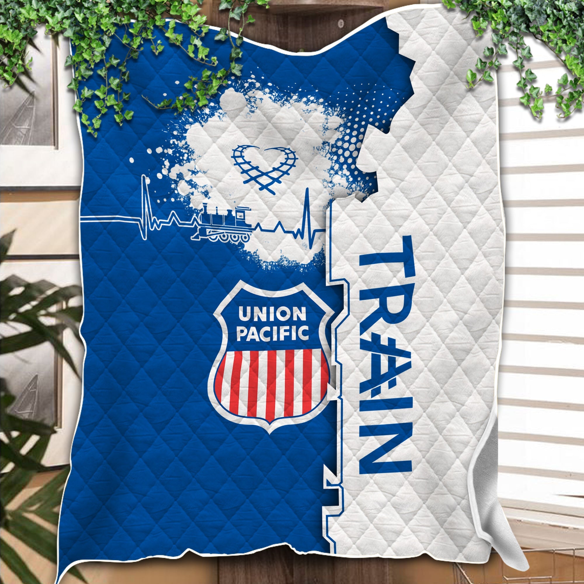 Railspirit Union Pacific Railroad Premium Quilts Engine Heartbeat and Track Love Style Big Boy Quilts Gift Idea For Train Lovers