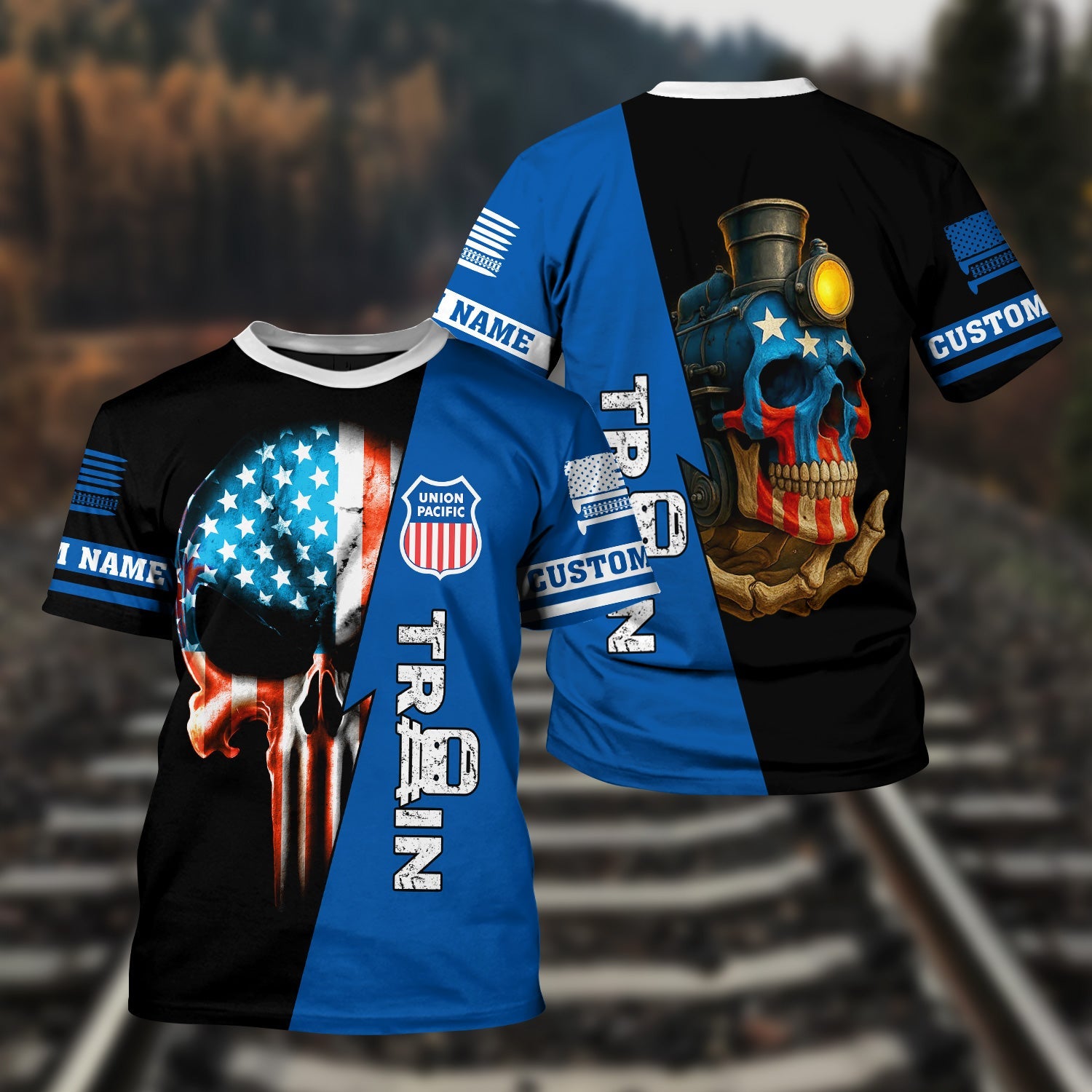 Railspirit Personalized Union Pacific Railroad T-Shirt Train Skull American Flag Big Boy Shirt All Over Print