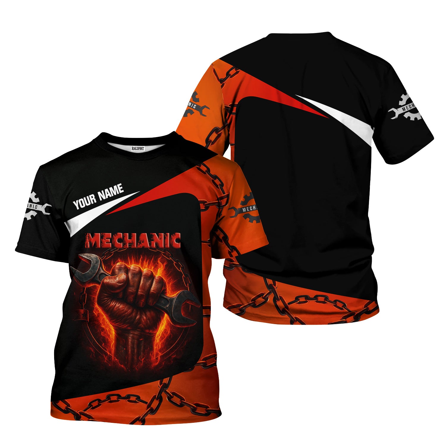 Personalized Garage Mechanic Shirt, Wrench Grip with Fire and Chains, Perfect Gift for Car Repair Lovers