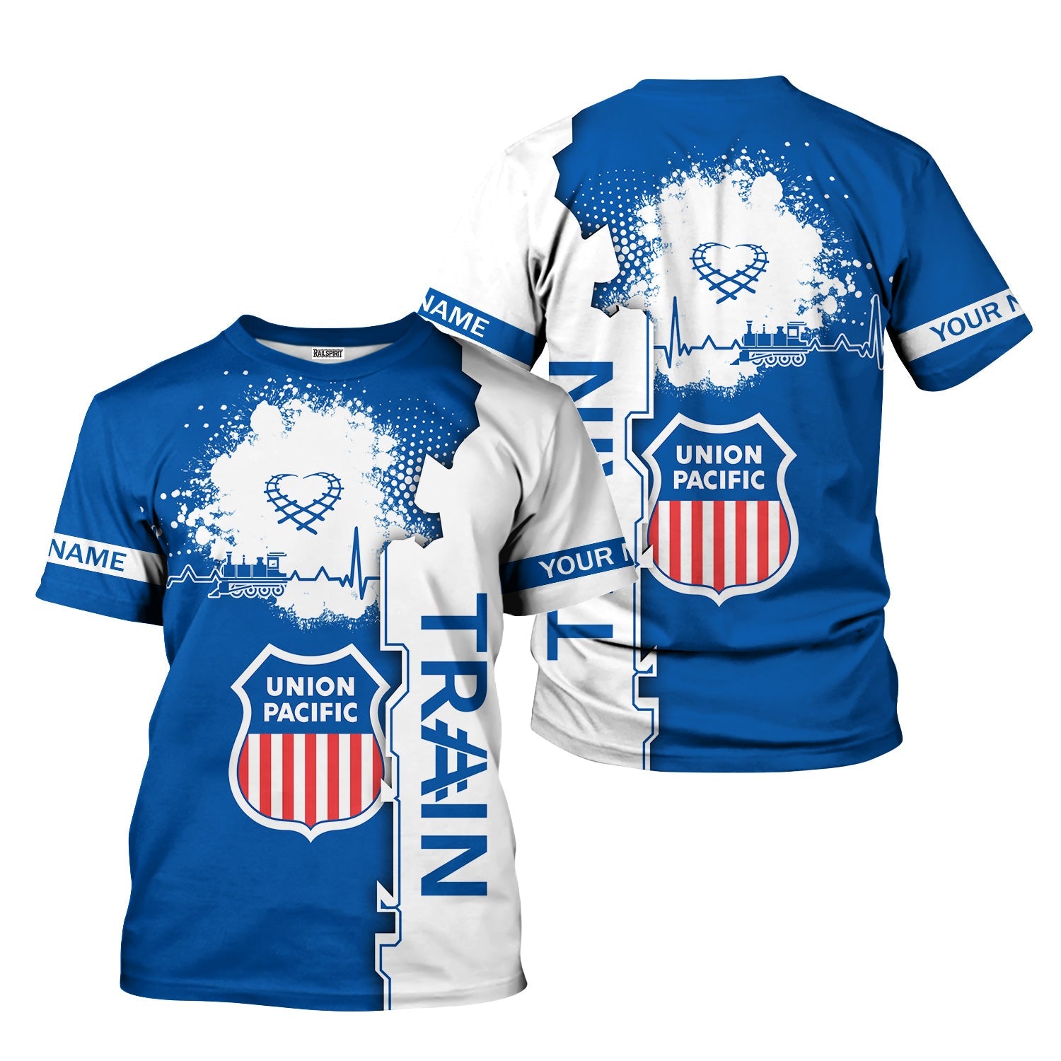 Railspirit Personalized Union Pacific Railroad T-Shirt Engine Heartbeat and Track Love Style Big Boy Shirt Gift Idea For Train Lovers