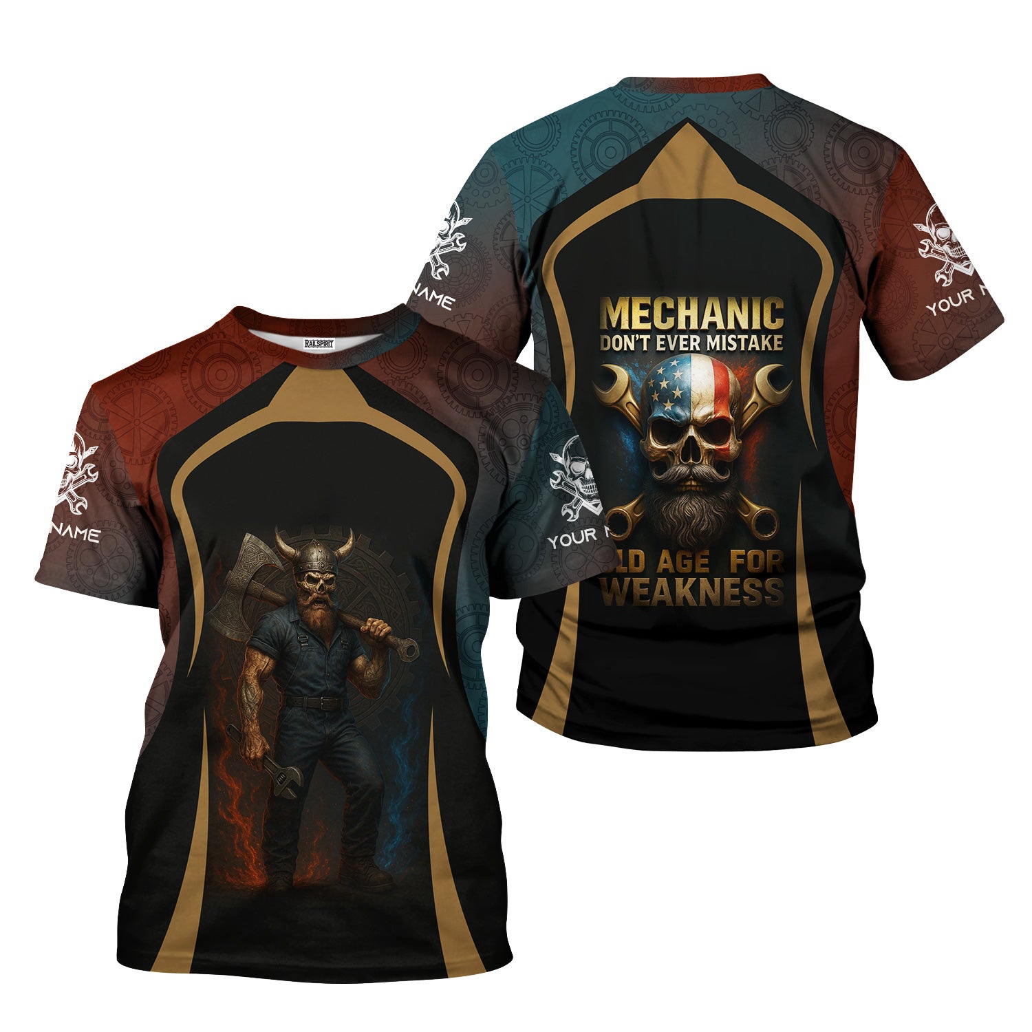 Personalized T-Shirt Mechanic Don't Ever Mistake Old Age For Weakness Viking Design Shirt For Mechanics
