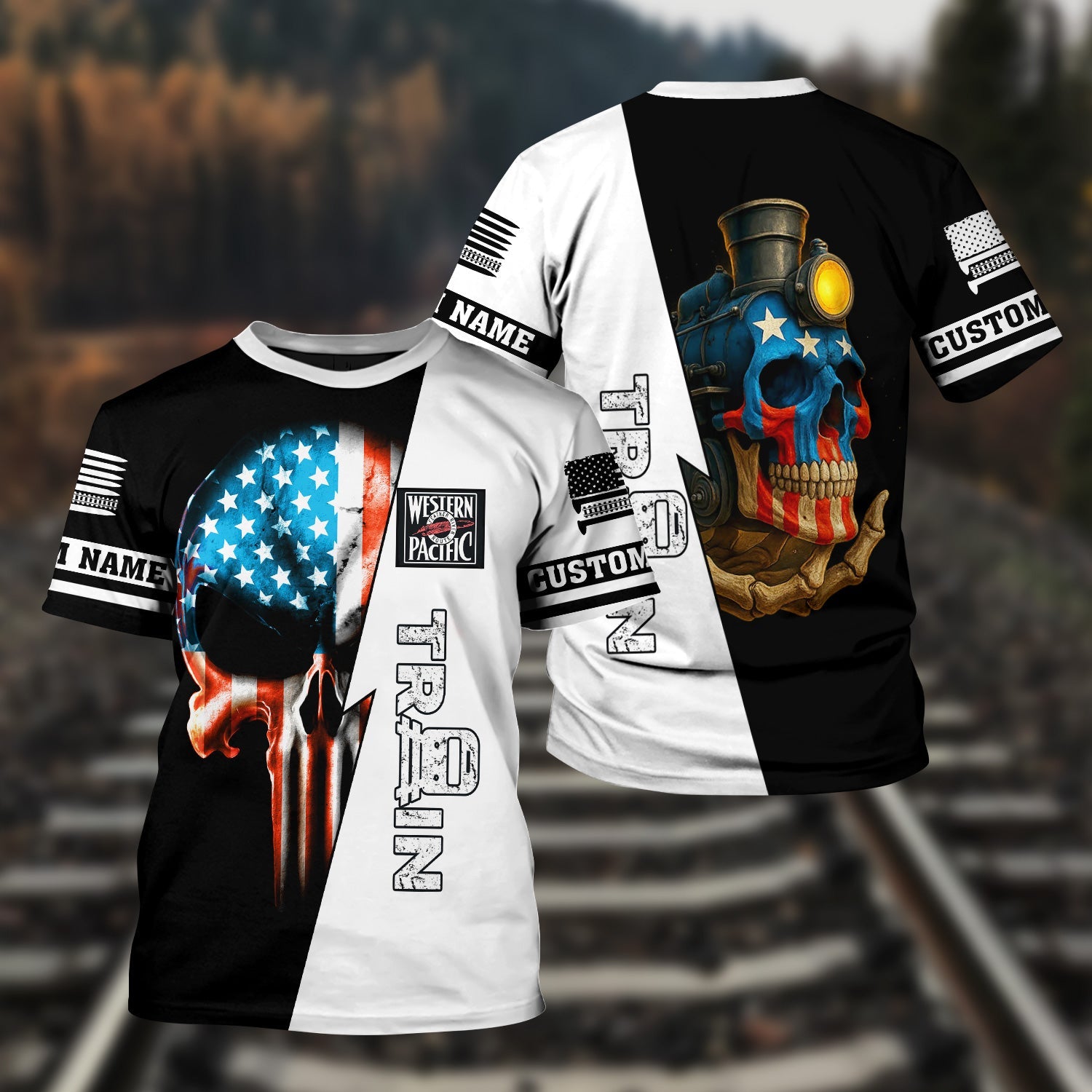 Railspirit Personalized Western Pacific Railroad T-Shirt Train Skull American Flag Shirt All Over Print