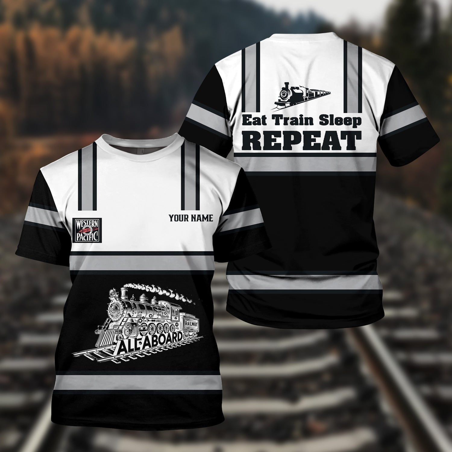 Railspirit Custom Name Western Pacific Railroad T Shirt Eat Train Sleep Repeat Printed Train Shirt