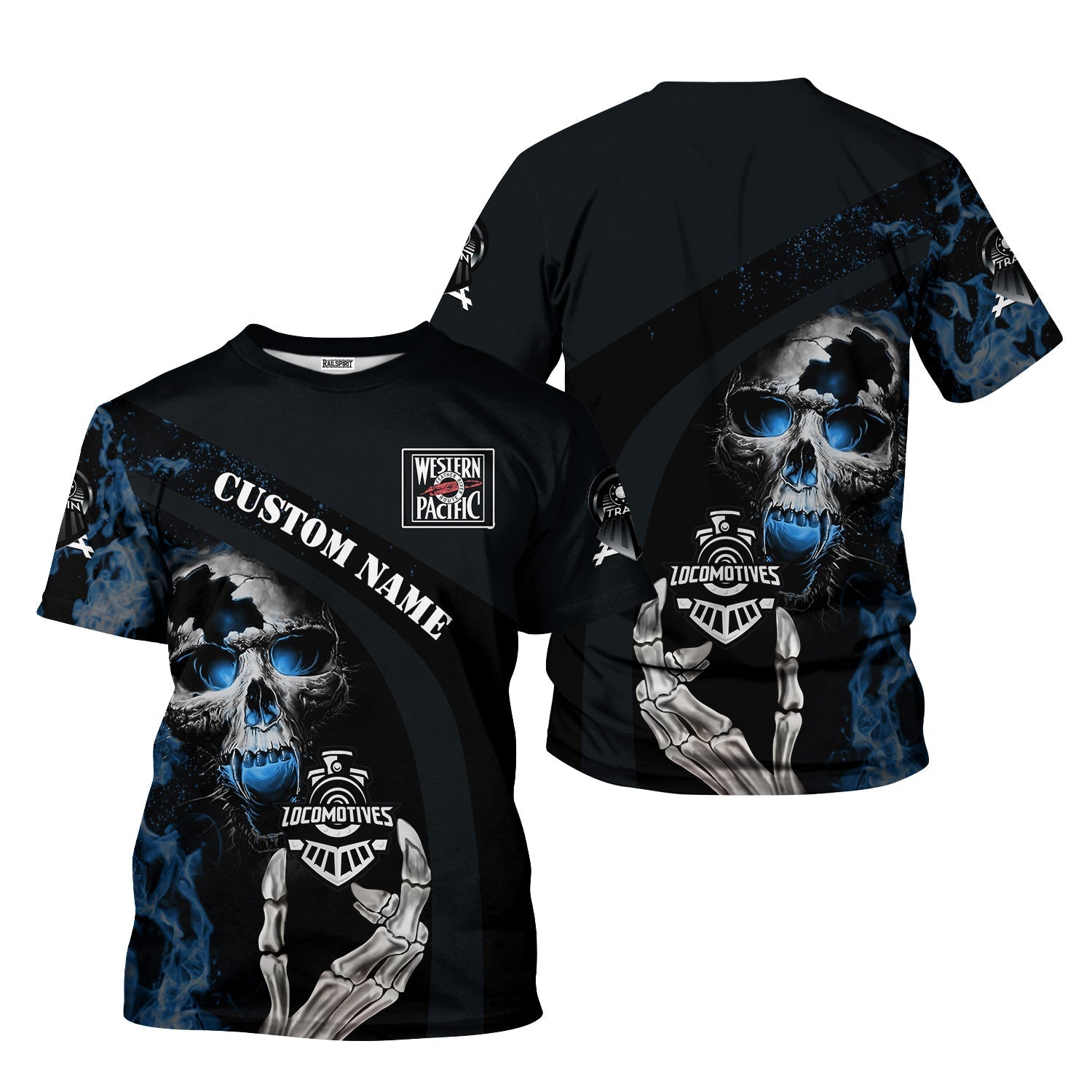 Railspirit Personalized Western Pacific Railroad T-Shirt Flame Skull Design Train Shirt for Locomotive Fans