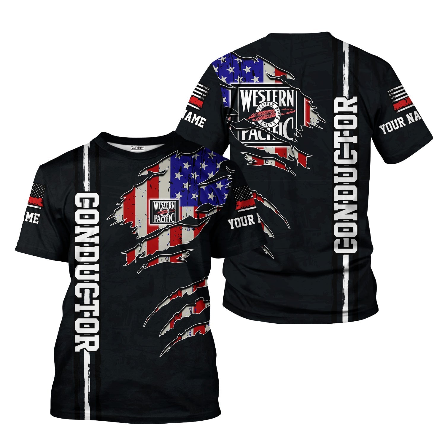 Railspirit Personalized Western Pacific Railroad T-Shirt USA Flag Claw Art with Custom Job Train Shirt