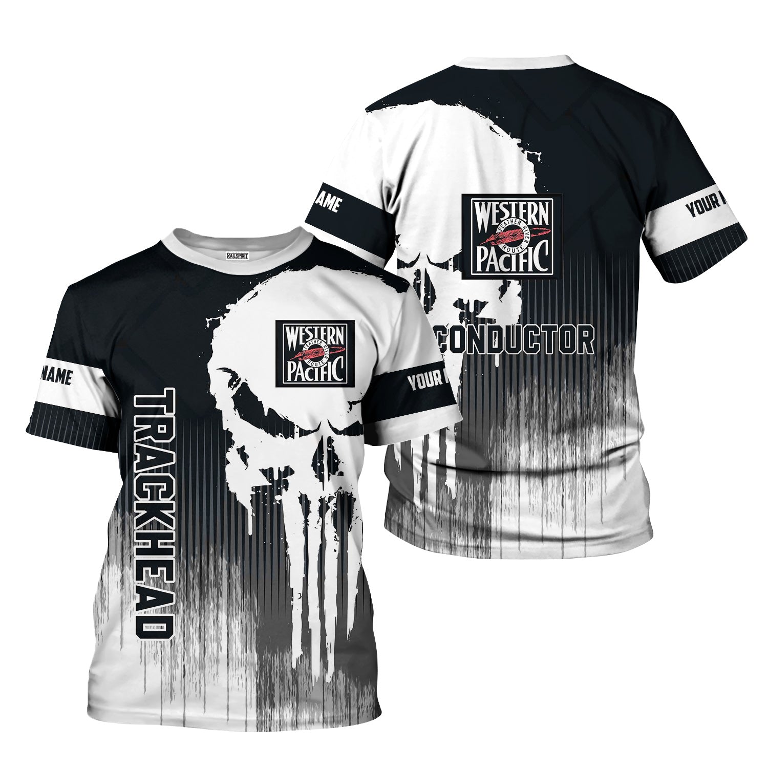 Railspirit Personalized Western Pacific Railroad T-Shirt Skull Design with Custom Job Train Shirt for Trackhead Crew