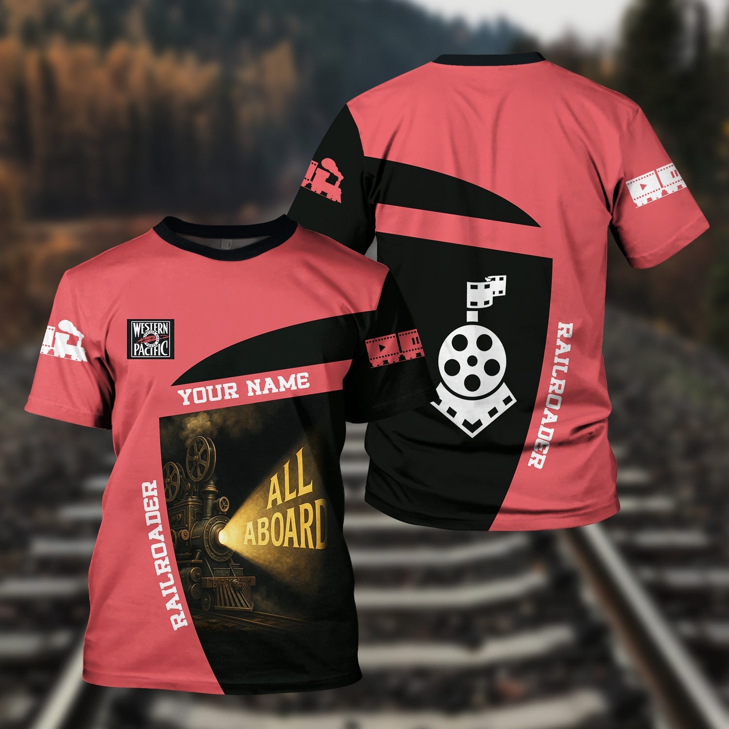 Railspirit Personalized Western Pacific Railroad T-Shirt All Aboard Steam Train Movie Projector Style Shirt