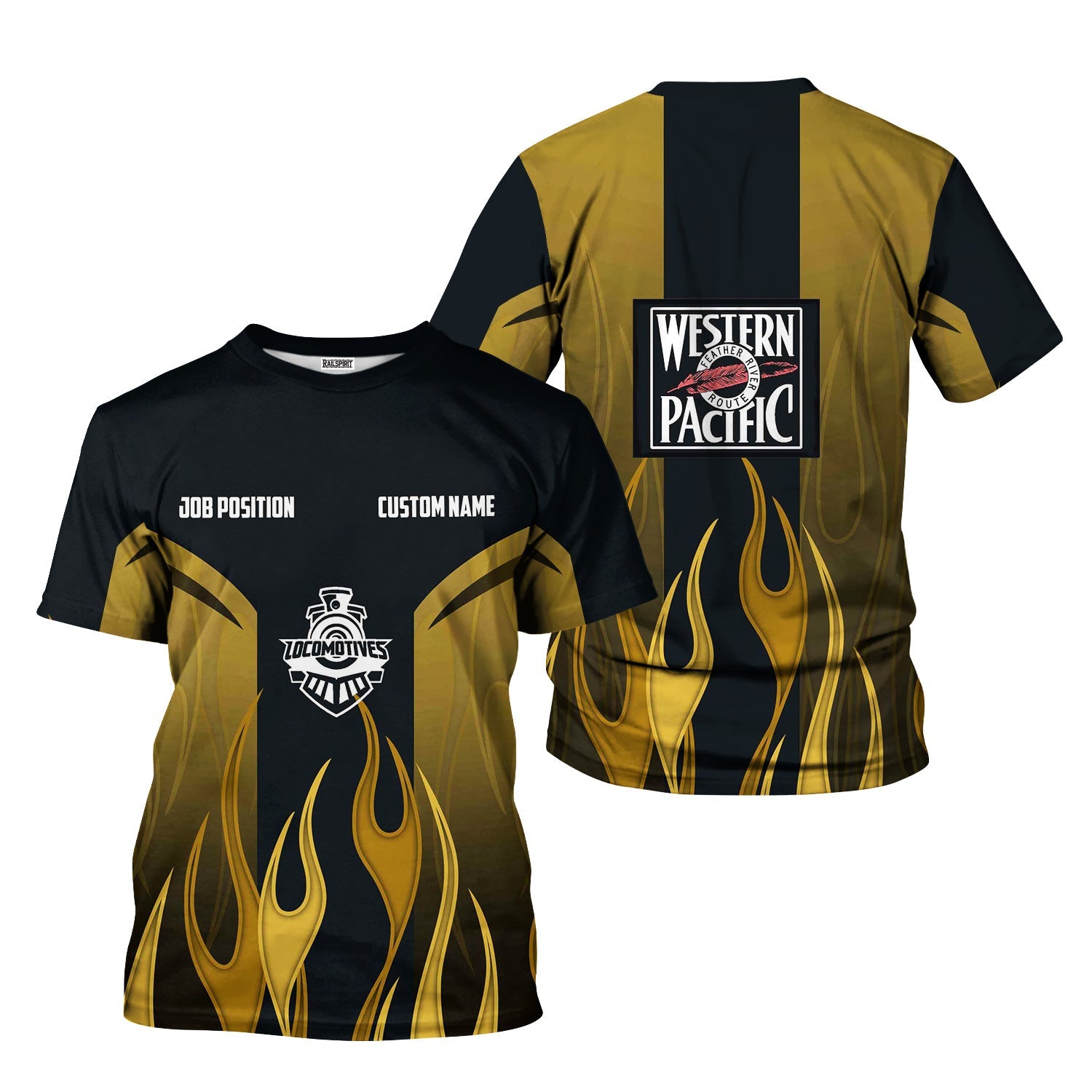 Railspirit Custom Name and Job Title Western Pacific Railroad T-Shirt Flame Graphic Train Shirt