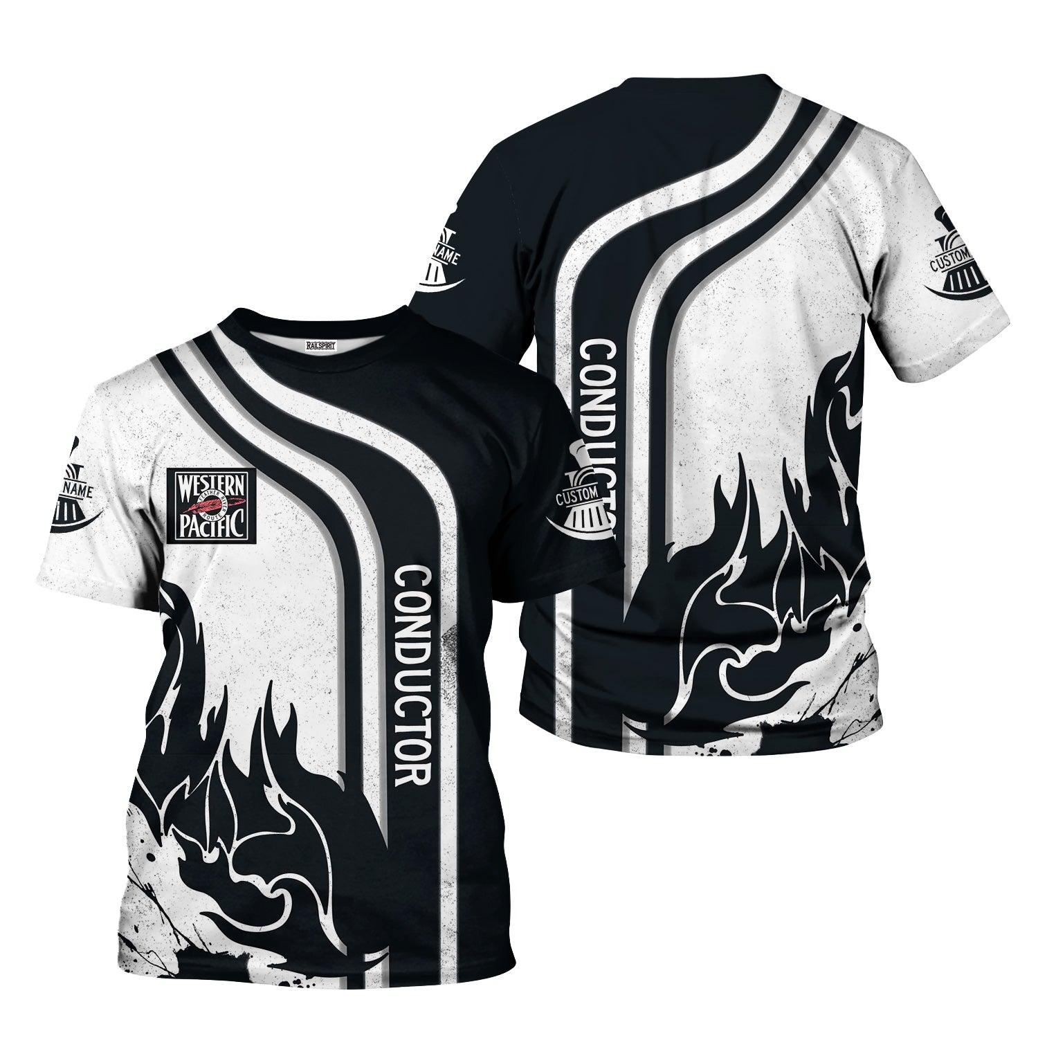 Railspirit Personalized Western Pacific Railroad T-Shirt Flame Design with Custom Job Position Train Shirt