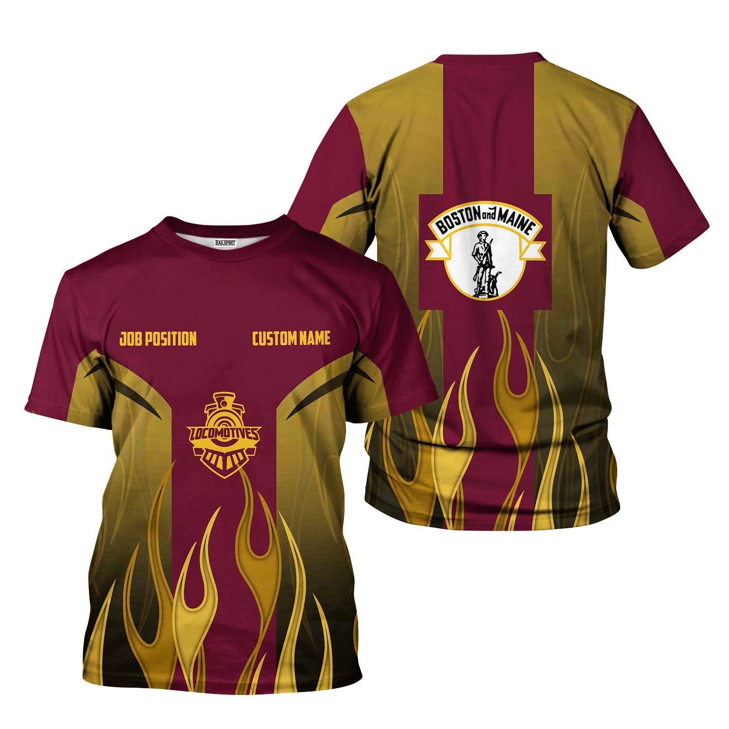 Railspirit Custom Name and Job Title Boston and Maine Railroad T-Shirt Flame Graphic Train Shirt
