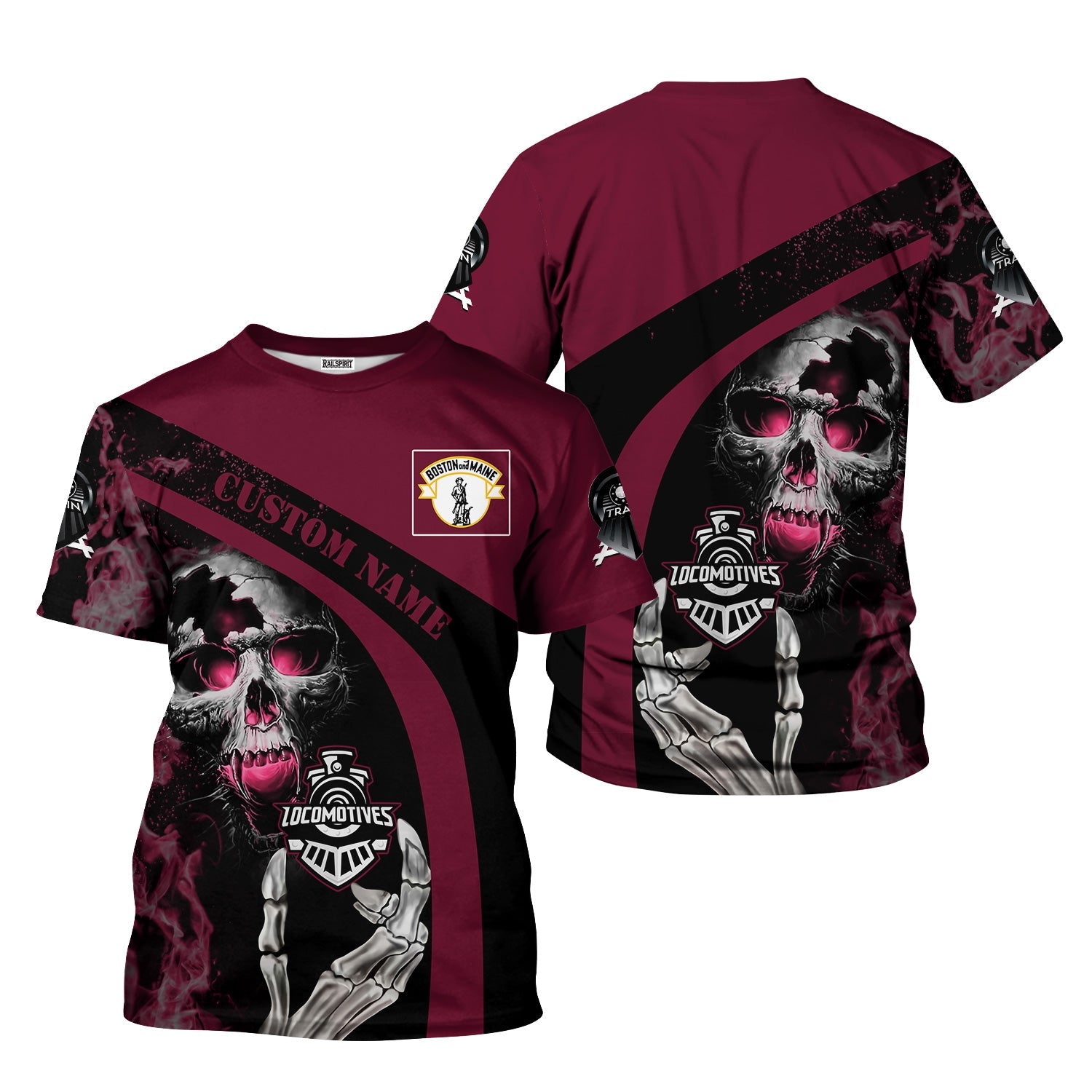 Railspirit Personalized Boston and Maine Railroad T-Shirt Flame Skull Design Train Shirt for Locomotive Fans
