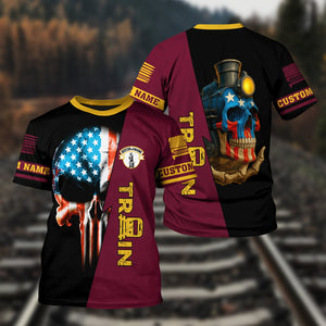 Railspirit Personalized Boston and Maine Railroad T-Shirt Train Skull American Flag Shirt All Over Print