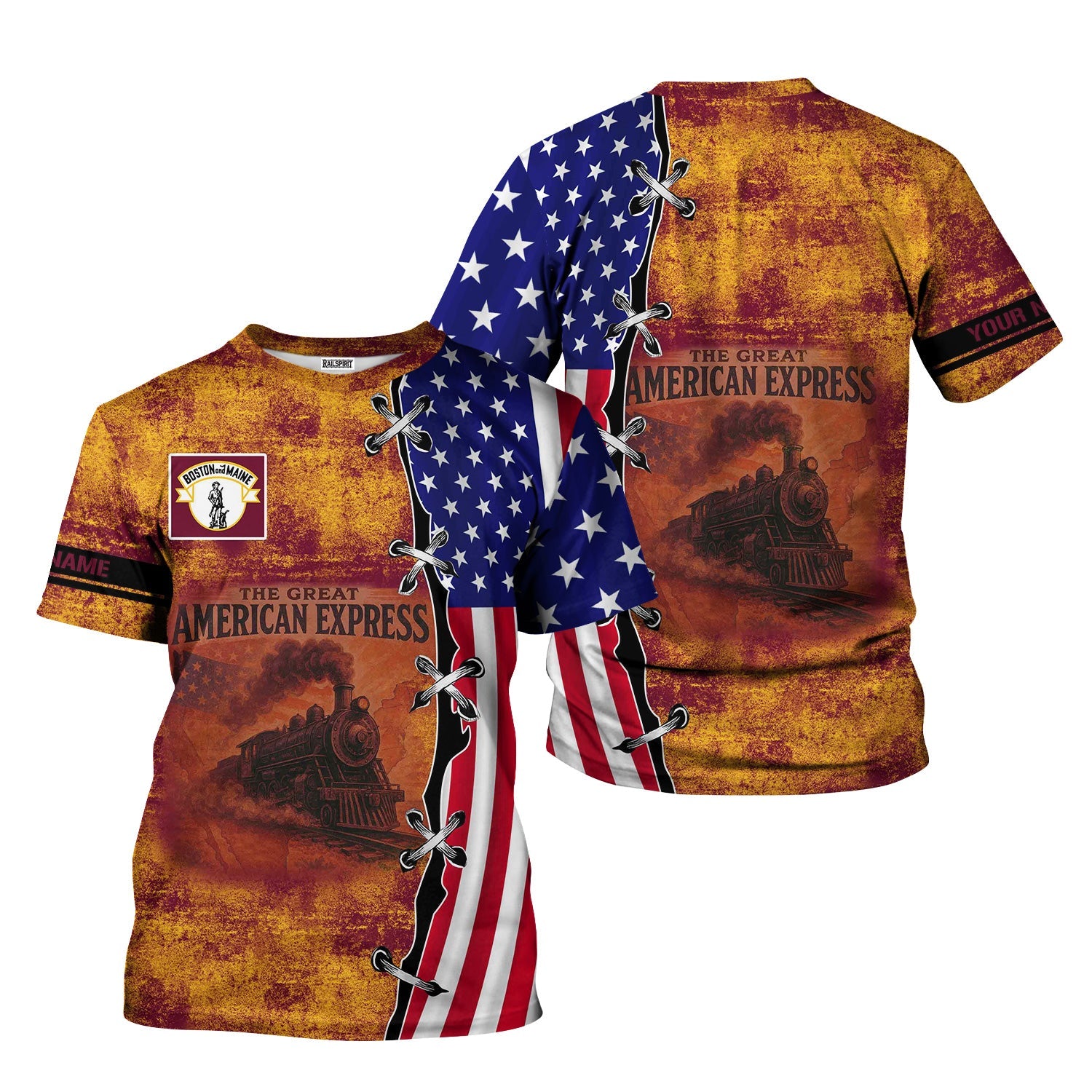 Railspirit Personalized Boston and Maine Railroad T-Shirt Retro American Express Train With USA Flag Shirt