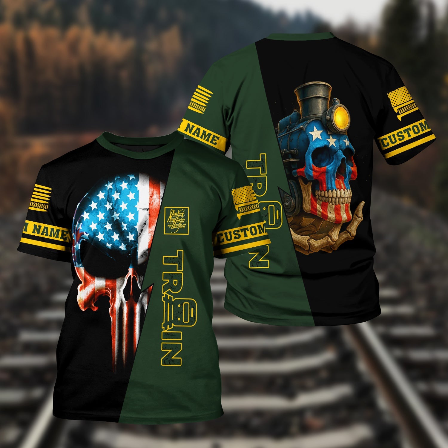 Railspirit Personalized New York, New Haven and Hartford Railroad T-Shirt Train Skull American Flag New Haven Railroad Shirt All Over Print