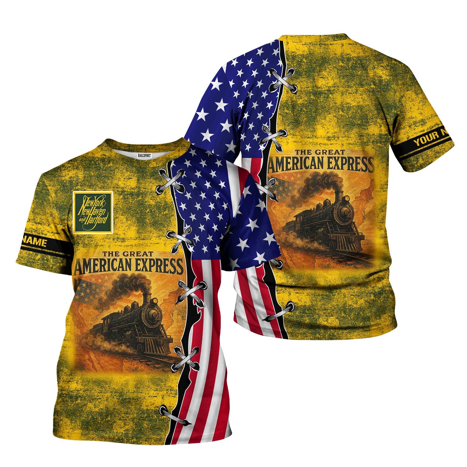 Railspirit Personalized New York, New Haven and Hartford Railroad T-Shirt Retro American Express Train With USA Flag New Haven Railroad Shirt