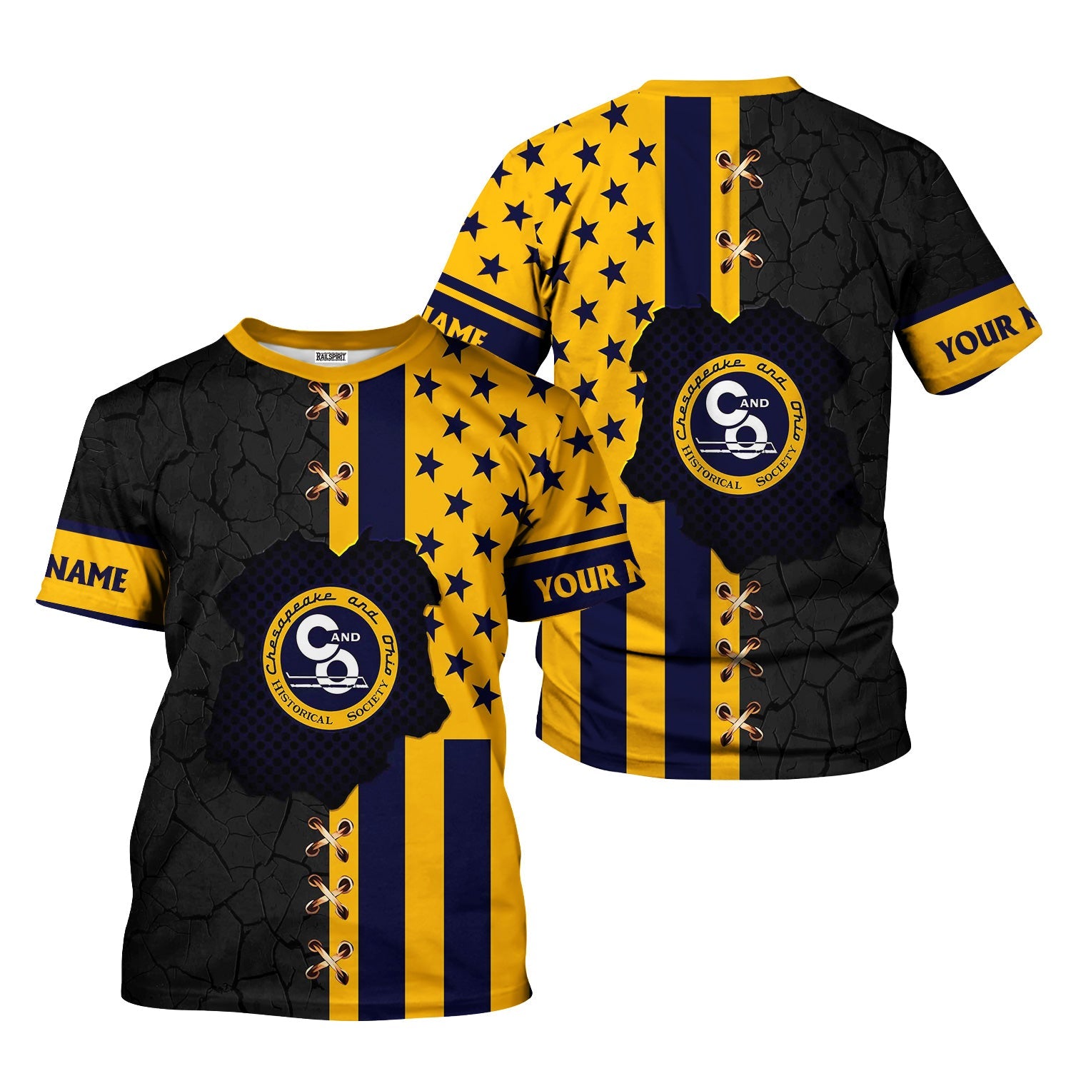 Railspirit Personalized Chesapeake and Ohio Railway T-Shirt American Flag with Crack Effect C&O Train Shirt