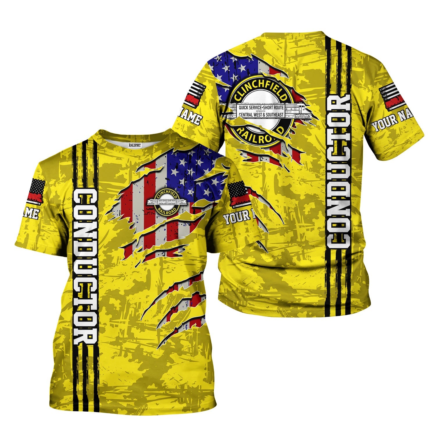 Railspirit Personalized Clinchfield Railroad T-Shirt USA Flag Claw Art with Custom Job Train Shirt