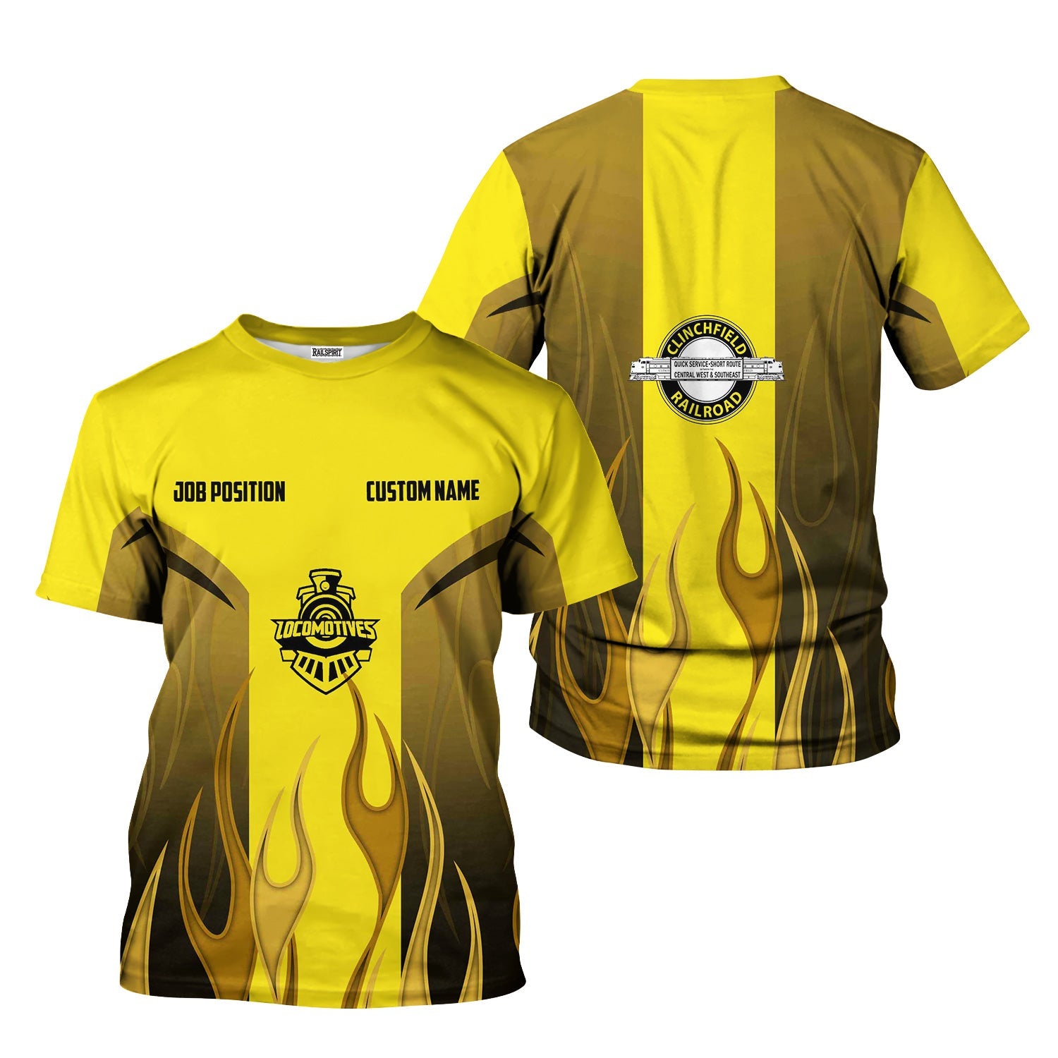 Railspirit Custom Name and Job Title Clinchfield Railroad T-Shirt Flame Graphic Train Shirt
