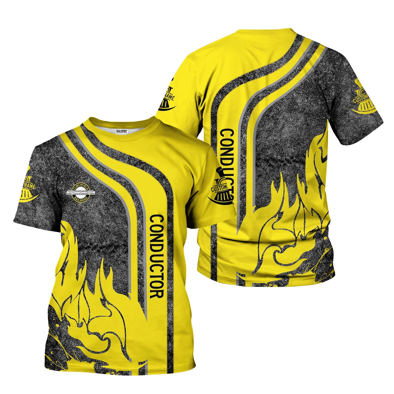 Railspirit Personalized Clinchfield Railroad T-Shirt Flame Design with Custom Job Position Train Shirt