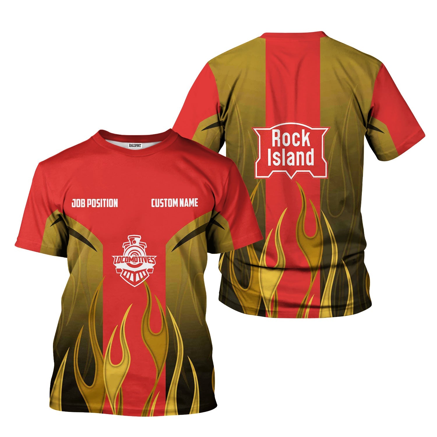 Railspirit Custom Name and Job Title Chicago, Rock Island and Pacific Railroad T-Shirt Flame Graphic Rock Island Railroad Train Shirt