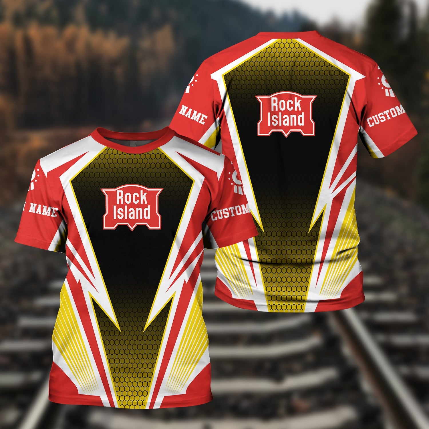 Railspirit Personalized Chicago, Rock Island and Pacific Railroad T-Shirt Lightning Graphic Style Rock Island Railroad Shirt Gift Idea For Train Lover