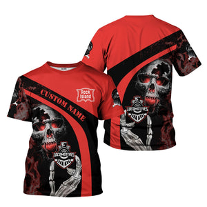 Railspirit Personalized Chicago, Rock Island and Pacific Railroad T-Shirt Flame Skull Design Rock Island Railroad Train Shirt for Locomotive Fans