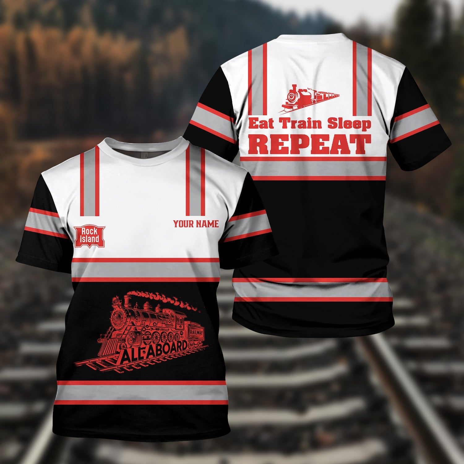 Railspirit Custom Name Chicago, Rock Island and Pacific Railroad T Shirt Eat Train Sleep Repeat Rock Island Railroad Printed Train Shirt