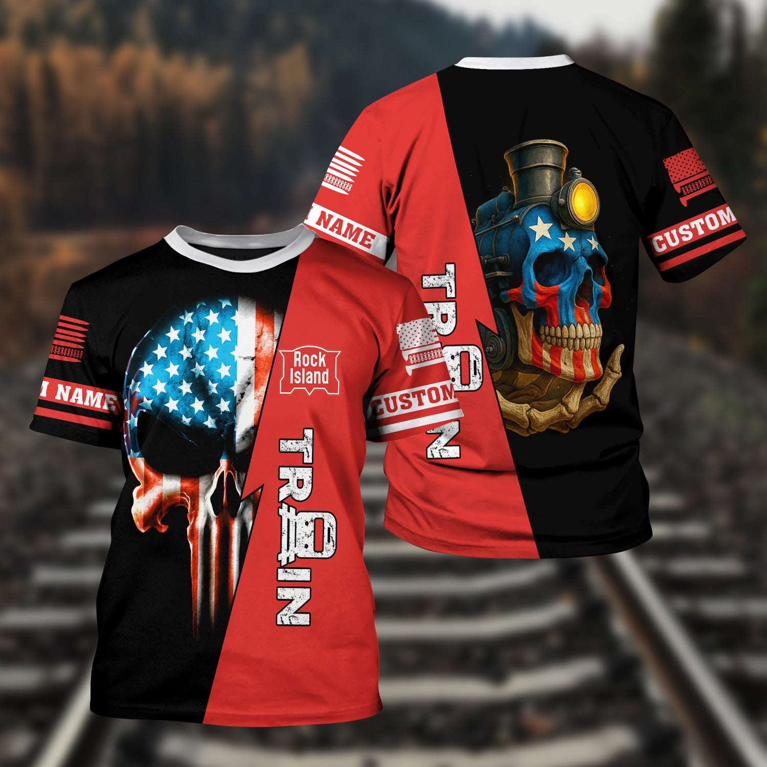 Railspirit Personalized Chicago, Rock Island and Pacific Railroad T-Shirt Train Skull American Flag Rock Island Railroad Shirt All Over Print