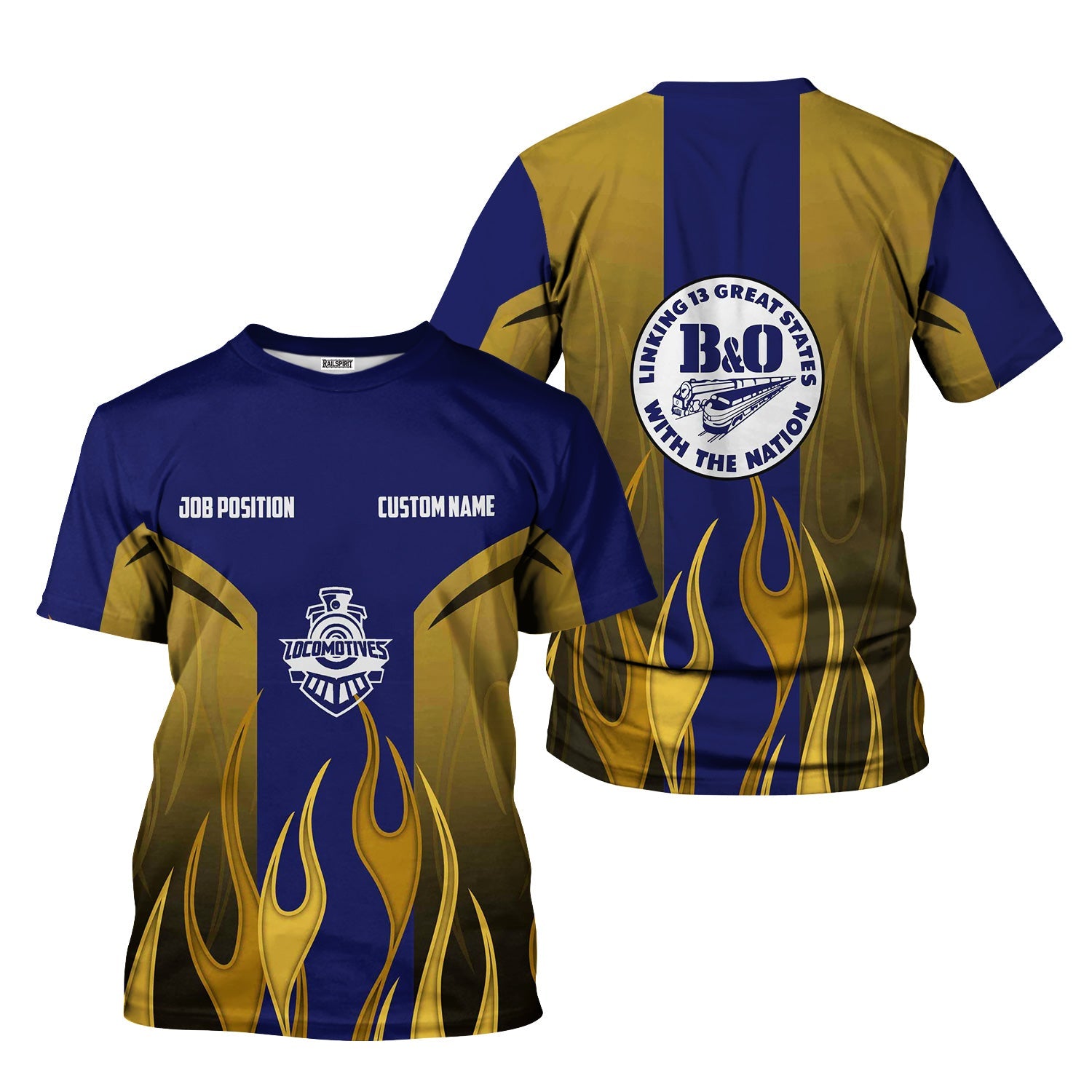 Railspirit Custom Name and Job Title B&O Great States Railroad T-Shirt Flame Graphic Train Shirt