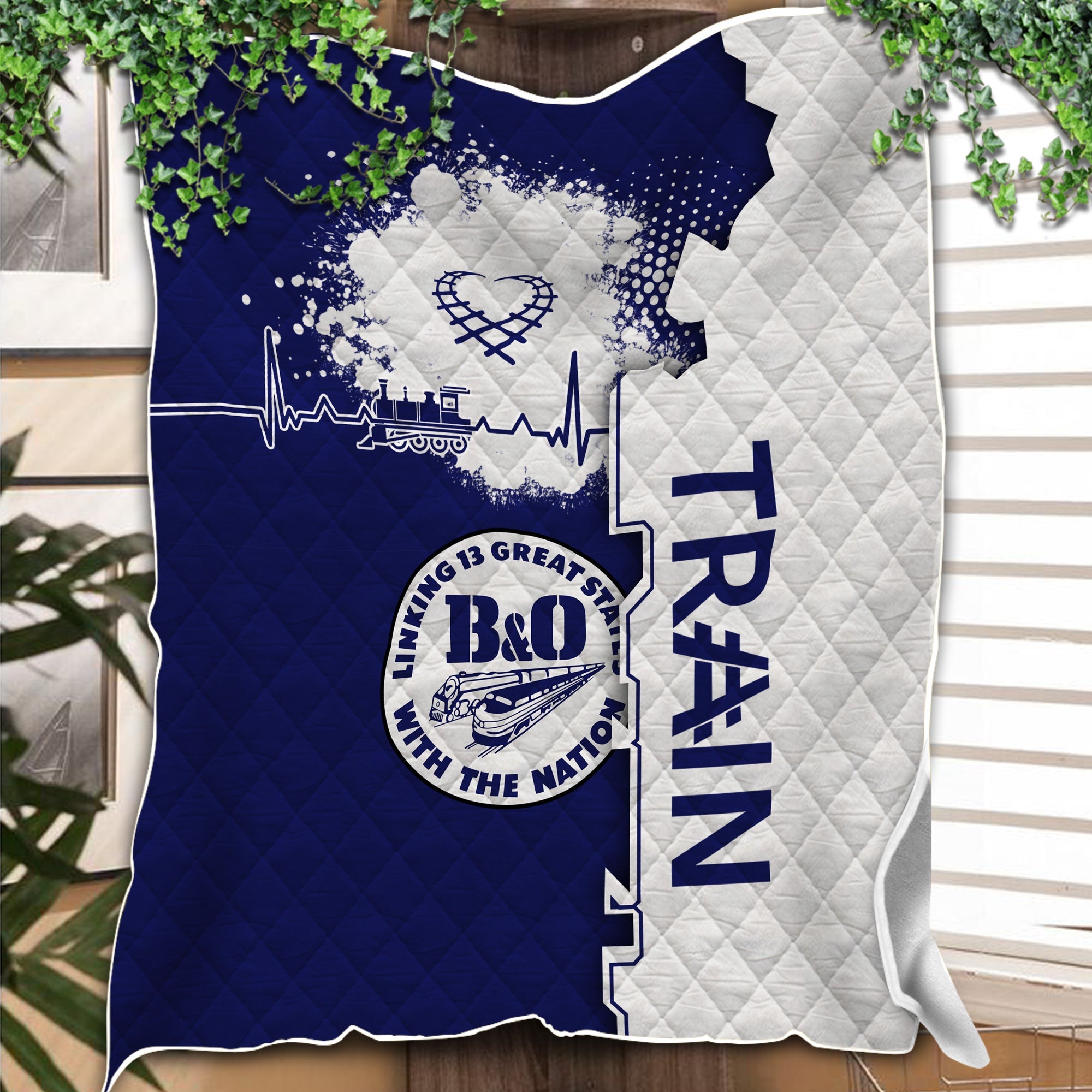 Railspirit B&O Great States Railroad Premium Quilts Engine Heartbeat and Track Love Style Quilts Gift Idea For Train Lovers