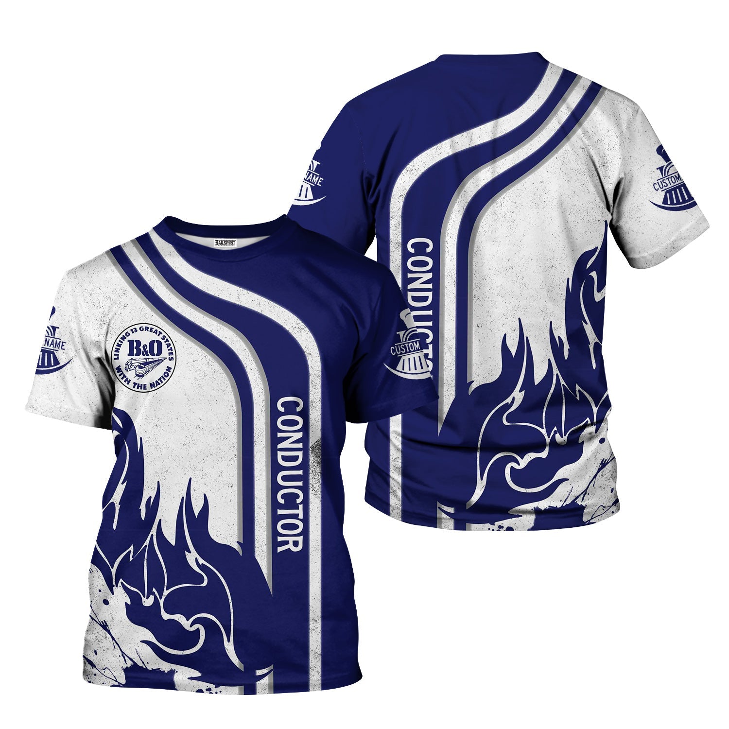 Railspirit Personalized B&O Great States Railroad T-Shirt Flame Design with Custom Job Position Train Shirt