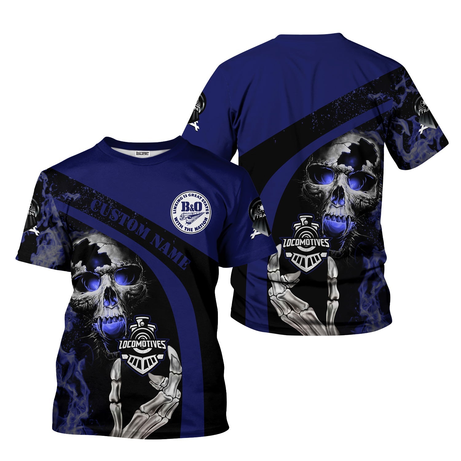 Railspirit Personalized B&O Great States Railroad T-Shirt Flame Skull Design Train Shirt for Locomotive Fans