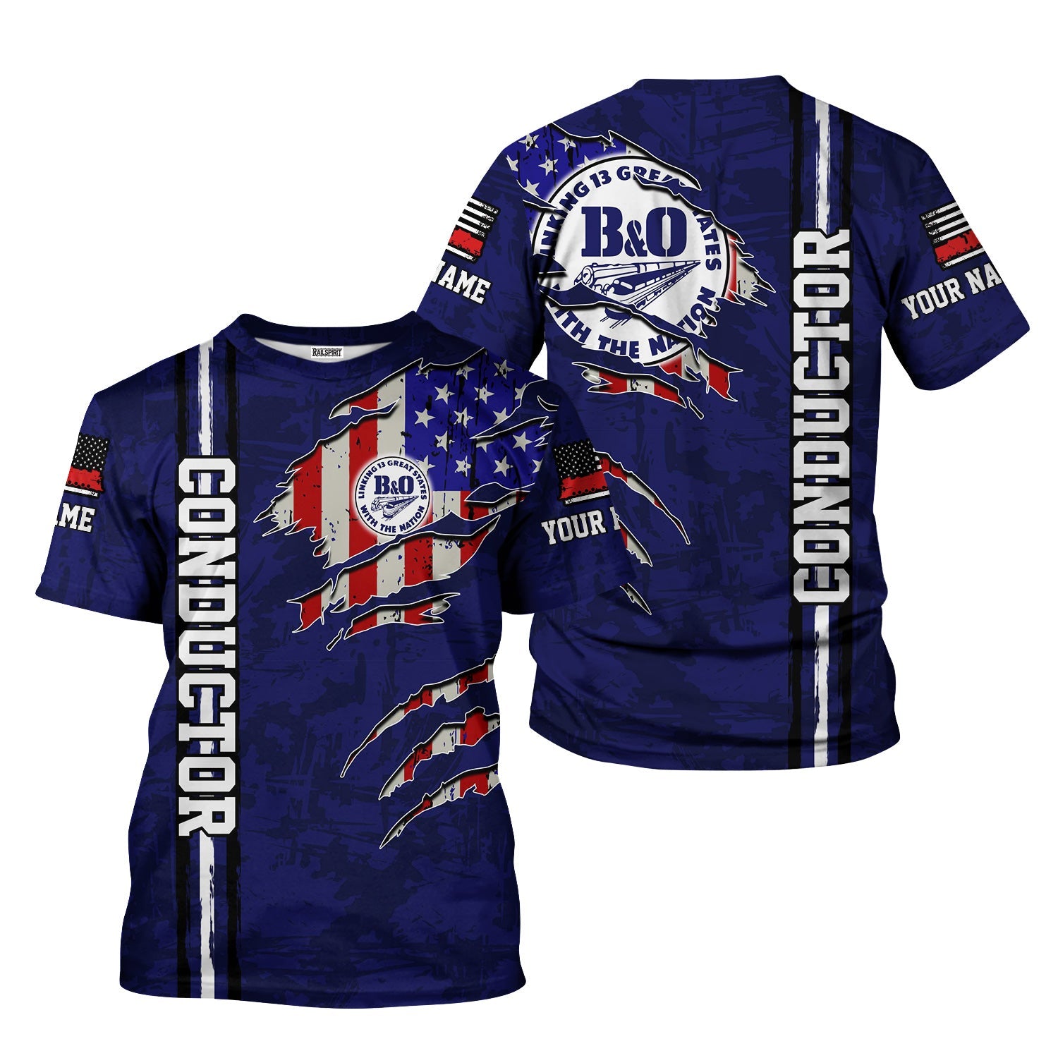 Railspirit Personalized B&O Great States Railroad T-Shirt USA Flag Claw Art with Custom Job Train Shirt