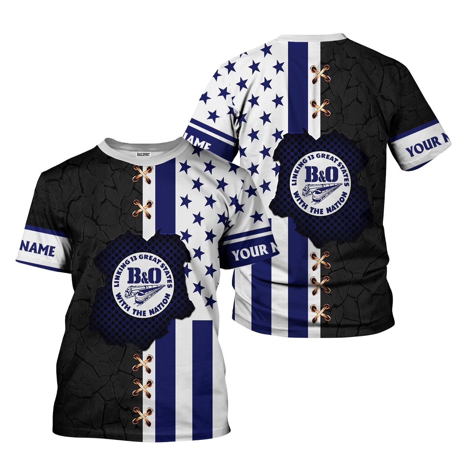 Railspirit Personalized B&O Great States Railroad T-Shirt American Flag with Crack Effect Train Shirt