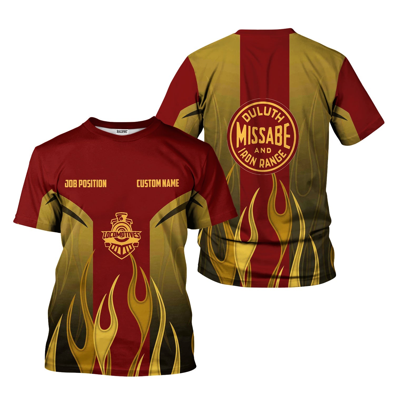 Railspirit Custom Name and Job Title Duluth, Missabe, & Iron Range Railroad T-Shirt Flame Graphic Train Shirt