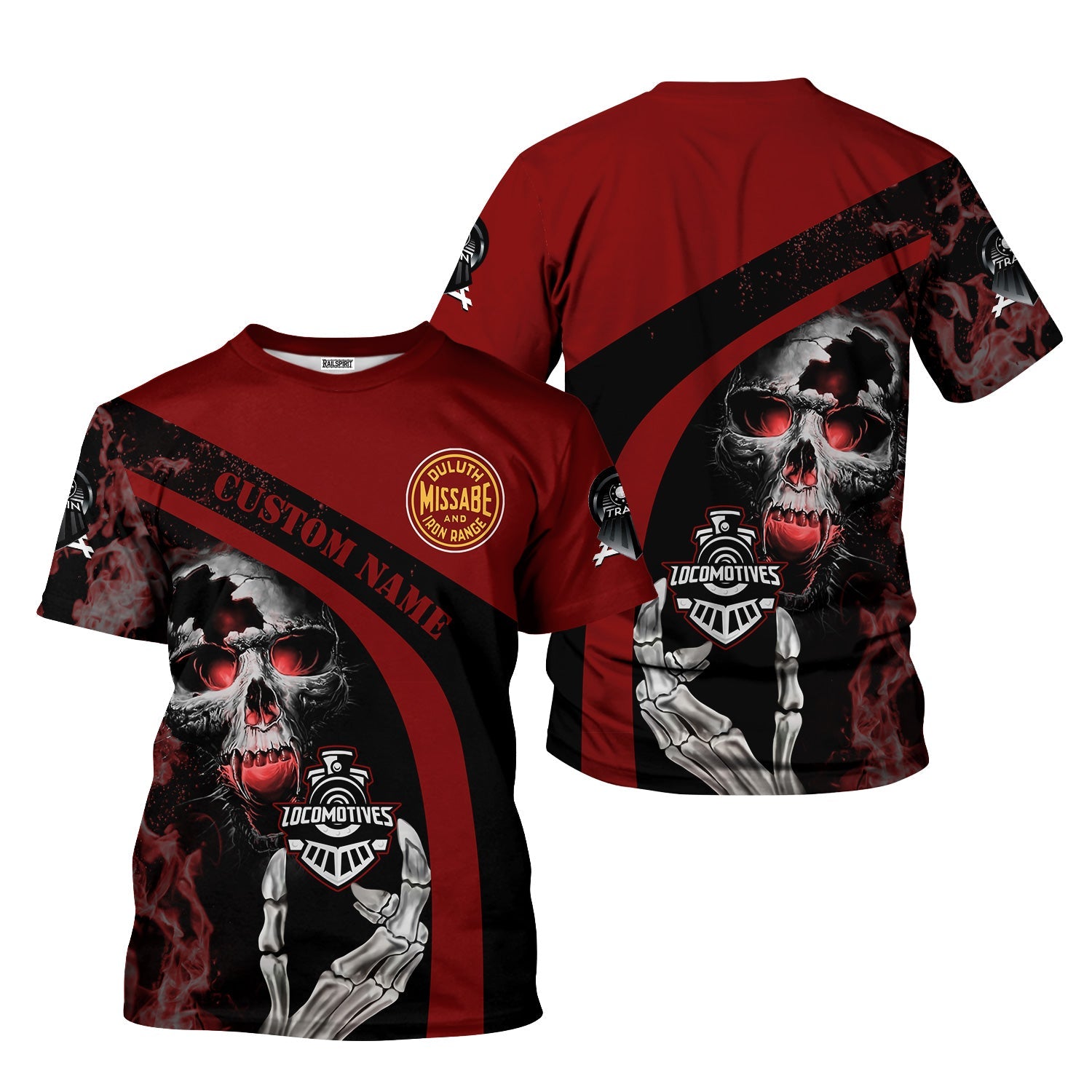 Railspirit Personalized Duluth, Missabe, & Iron Range Railroad T-Shirt Flame Skull Design Train Shirt for Locomotive Fans