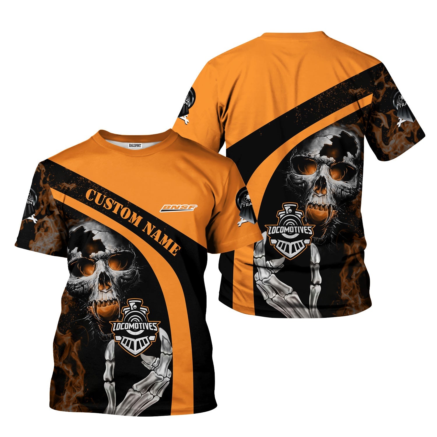 Railspirit Personalized BNSF Railway T-Shirt Flame Skull Design Train Shirt for Locomotive Fans