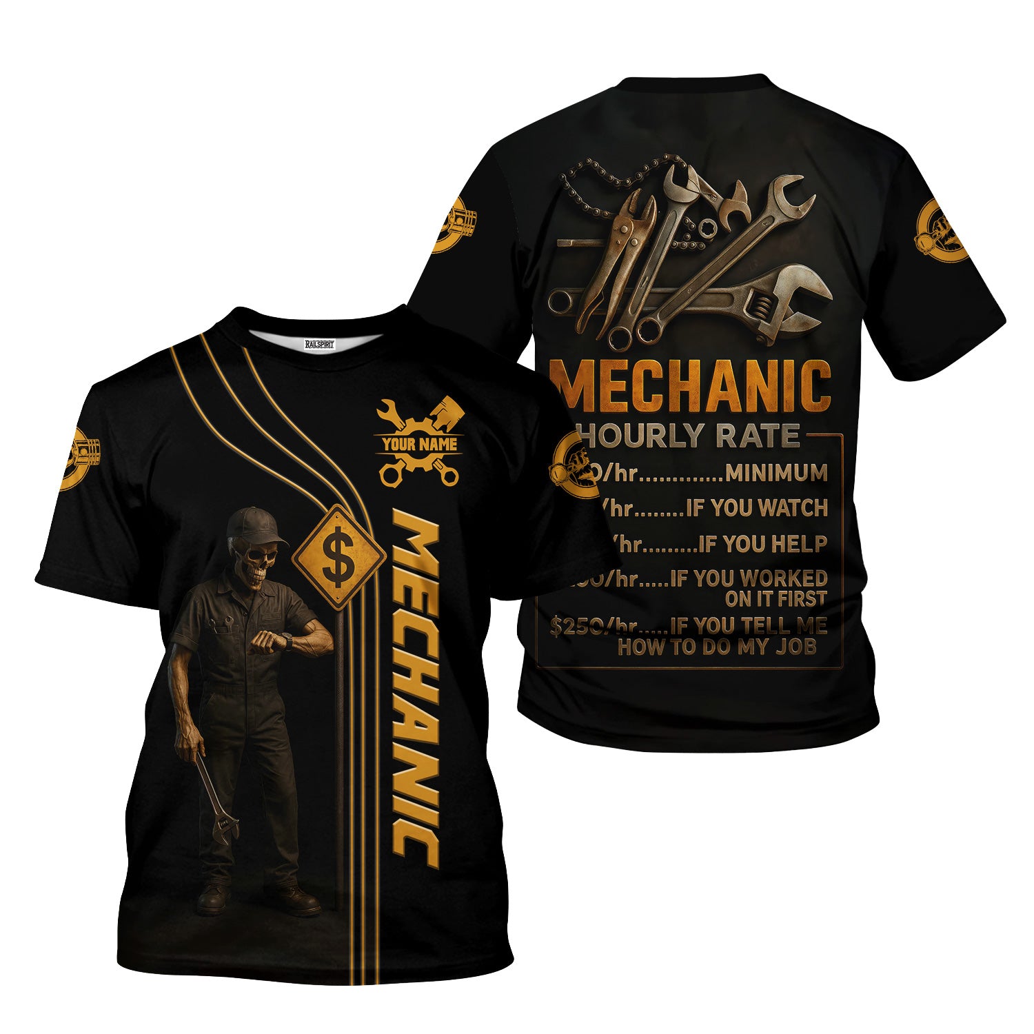 Personalized T-Shirt Mechanic Hourly Rate Skull Looking Watch Design Shirt for Mechanics