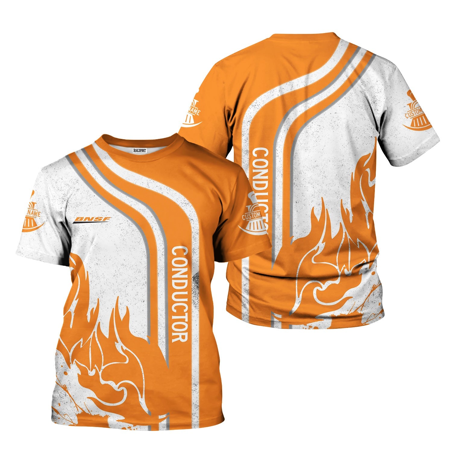 Railspirit Personalized BNSF Railway T-Shirt Flame Design with Custom Job Position Train Shirt