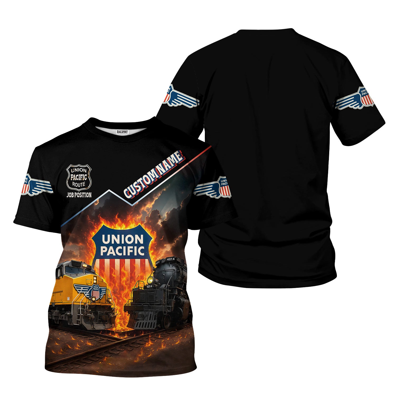 Railspirit Personalized Union Pacific Railroad T-Shirt Big Boy Flame Design with Custom Job Positon Train Shirt