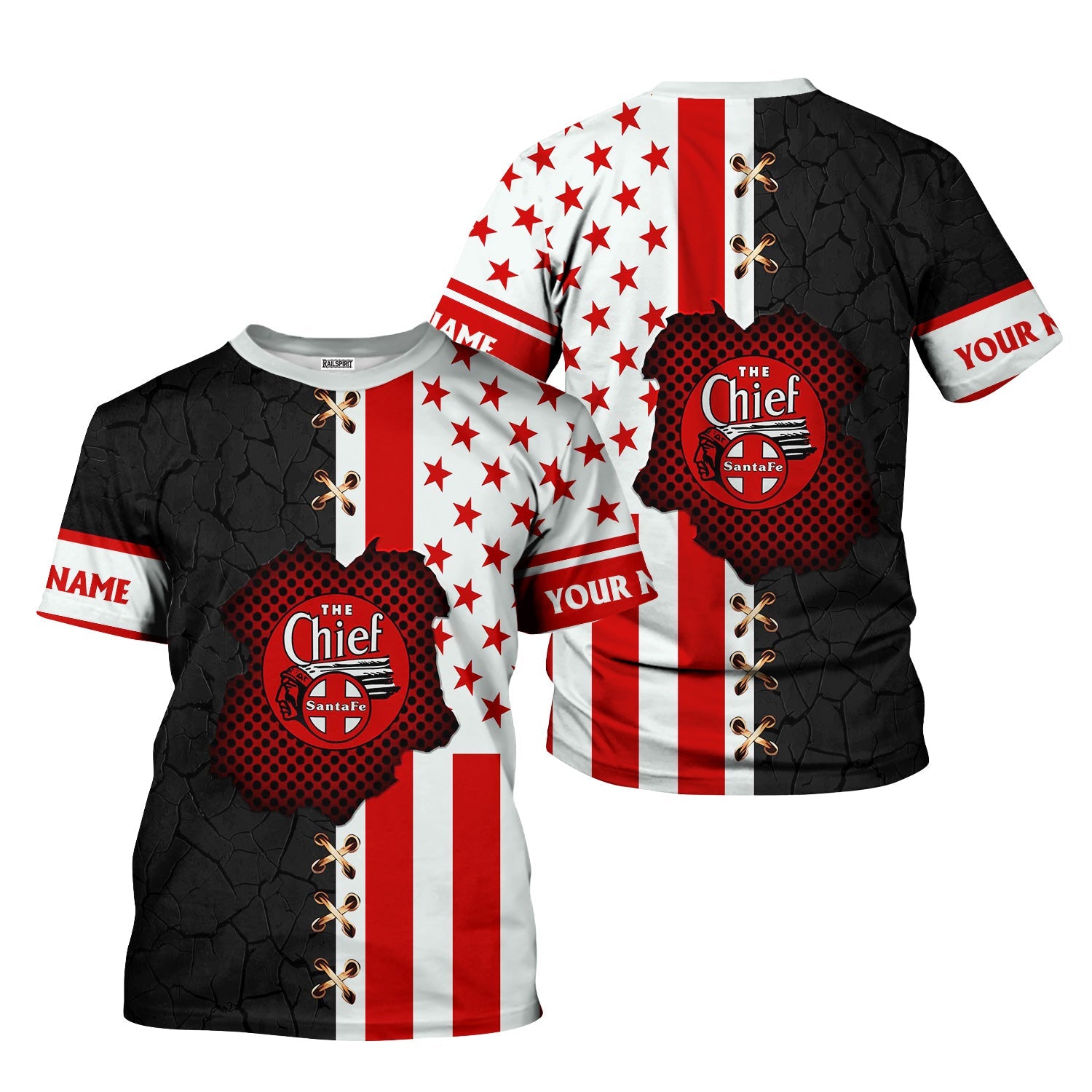 Railspirit Personalized The Chief Santa Fe Railroad T-Shirt American Flag with Crack Effect Train Shirt