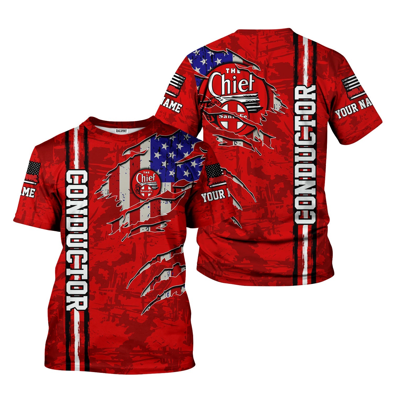 Railspirit Personalized The Chief Santa Fe Railroad T-Shirt USA Flag Claw Art with Custom Job Train Shirt