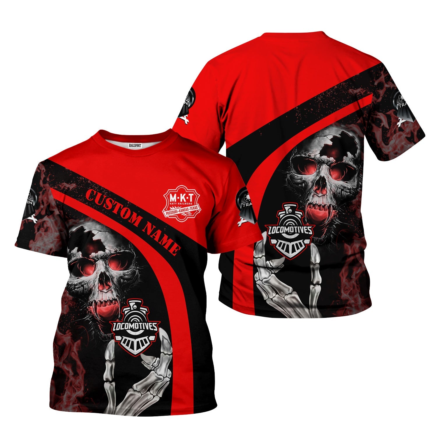 Railspirit Personalized Katy Railroad T-Shirt Flame Skull Design Train Shirt for Locomotive Fans