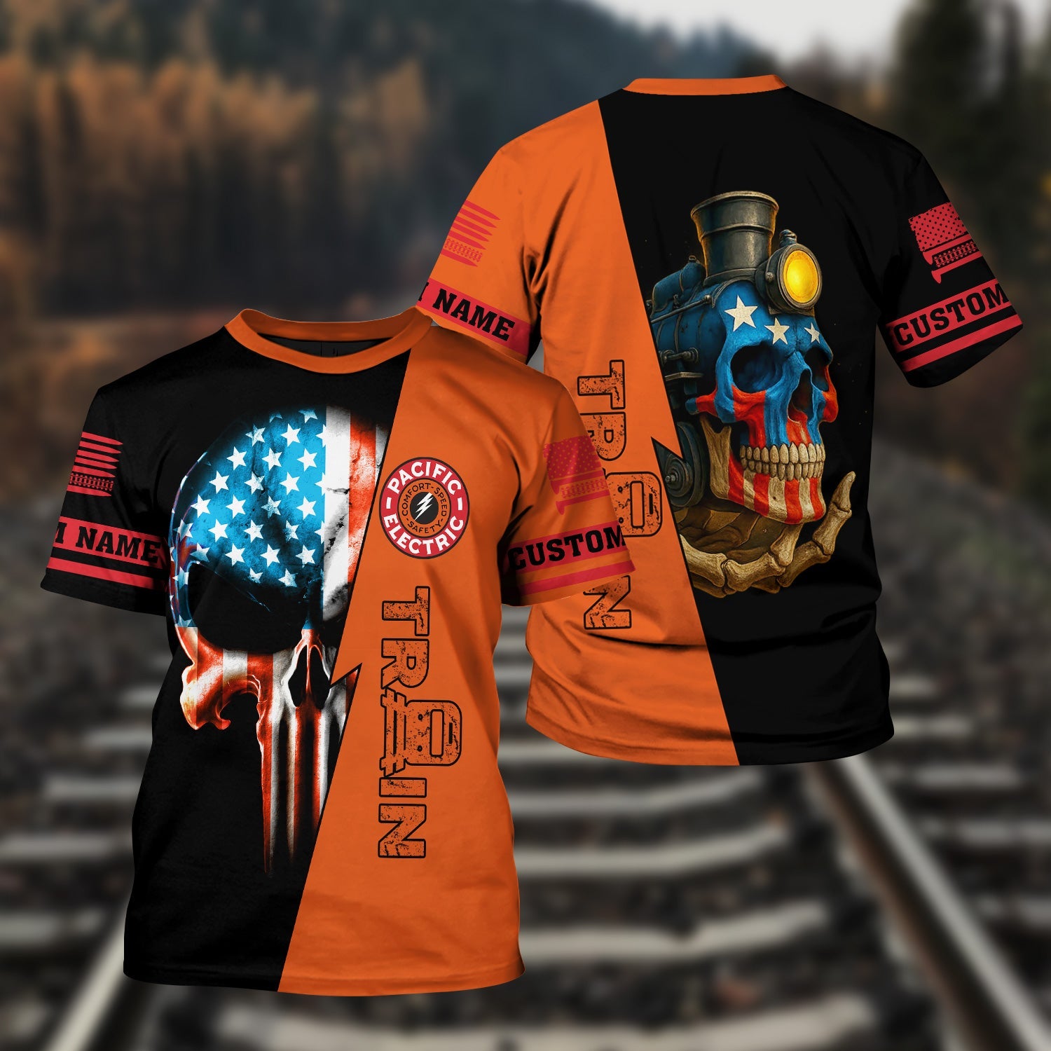 Railspirit Personalized Pacific Electric Railroad T-Shirt Train Skull American Flag Shirt All Over Print